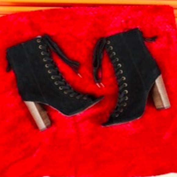 LEATHER Open Toe Lace Up Heeled Boots w Zipper, Size 9 - Picture 2 of 7